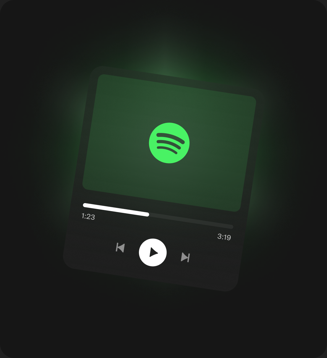 Плеер Spotify с играющим треком в зелёном свечении